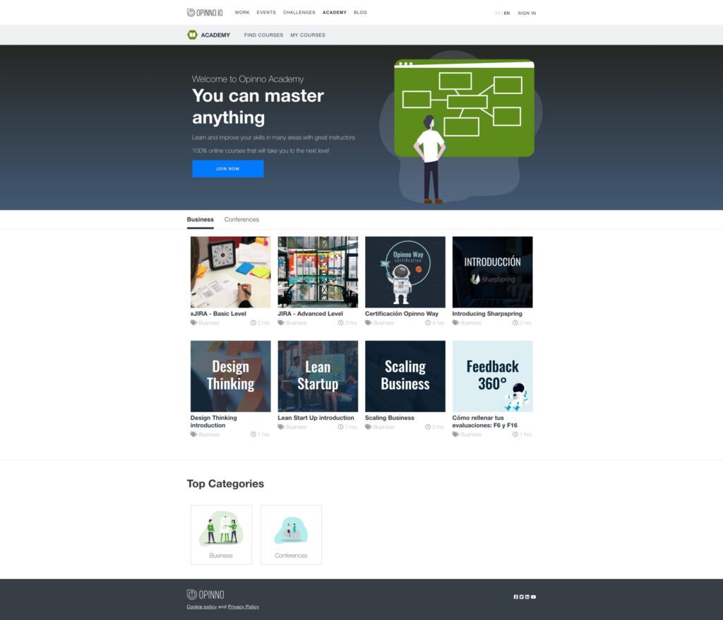 Opinno Academy e-learning platform, home screen
