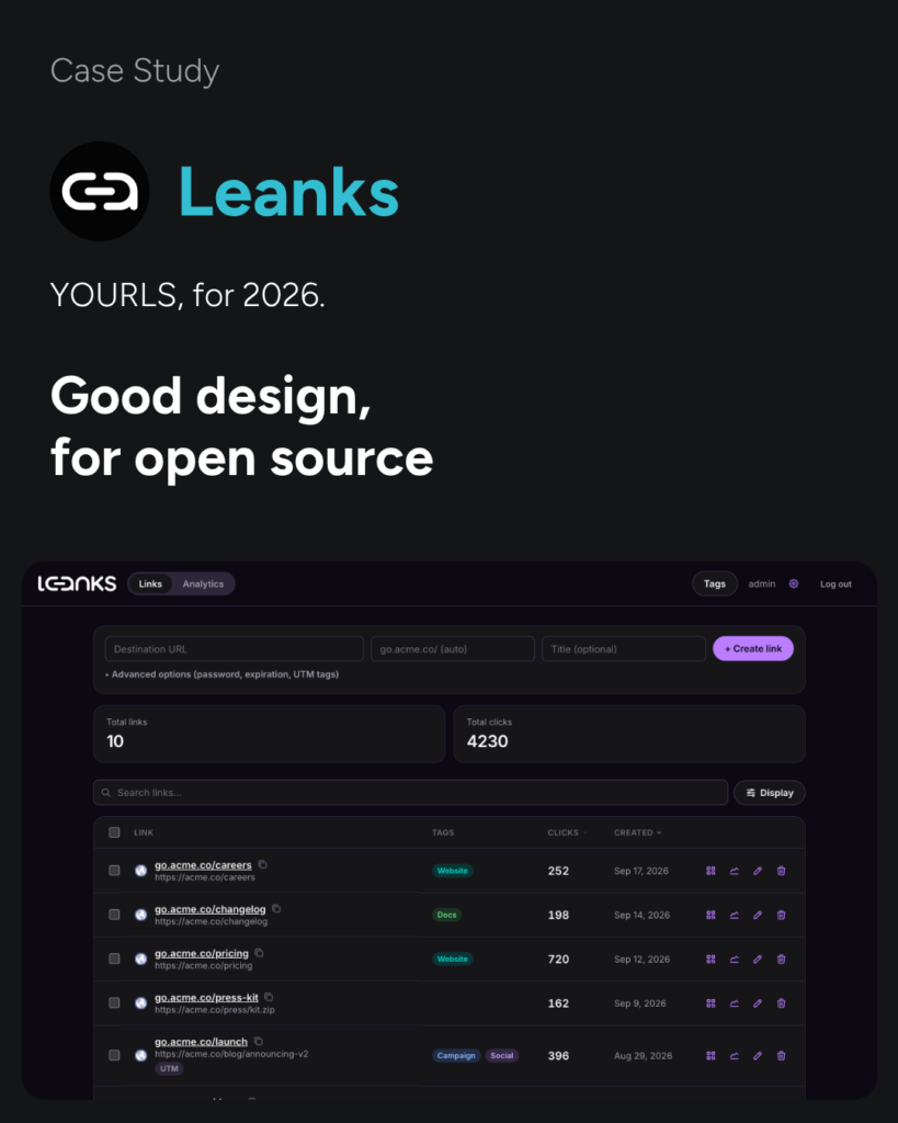 Leanks case study cover: YOURLS, for 2026. Good design, for open source.