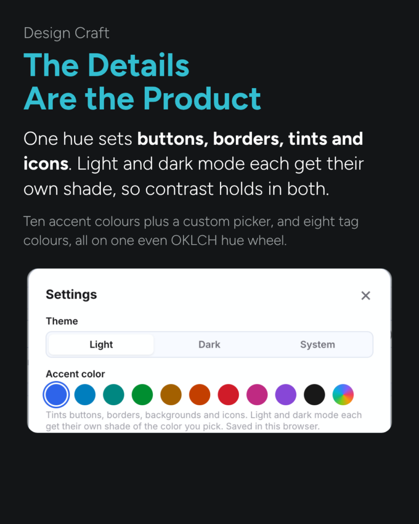 Design details: the settings dialog with a theme switch and ten accent colours.