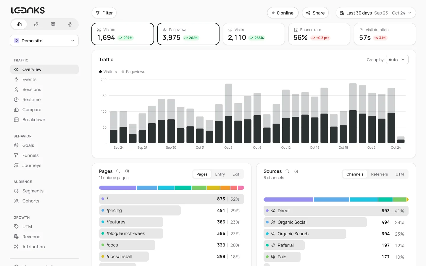 The Leanks website overview: visitors, pageviews, bounce rate and visit duration cards, a traffic chart, and ranked lists of pages and sources
